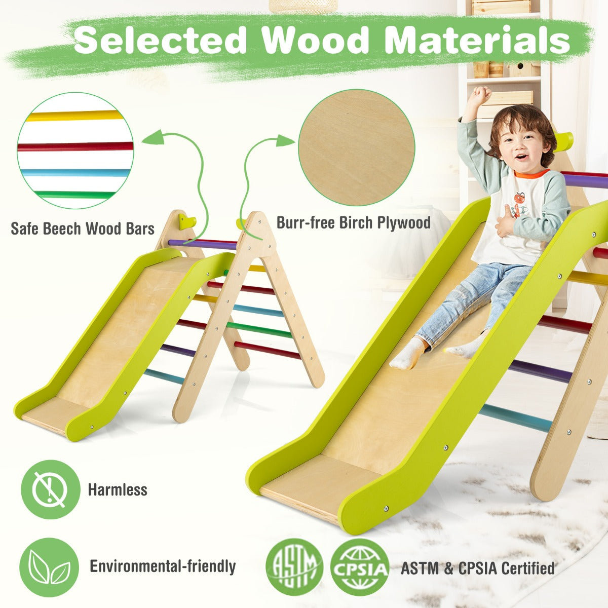 LIVSK Driehoekige Klimladder met Glijbaan - Stimuleert Balans en Motoriek - Verstelbare Hoogte - Voor Kinderen - Meerkleurig