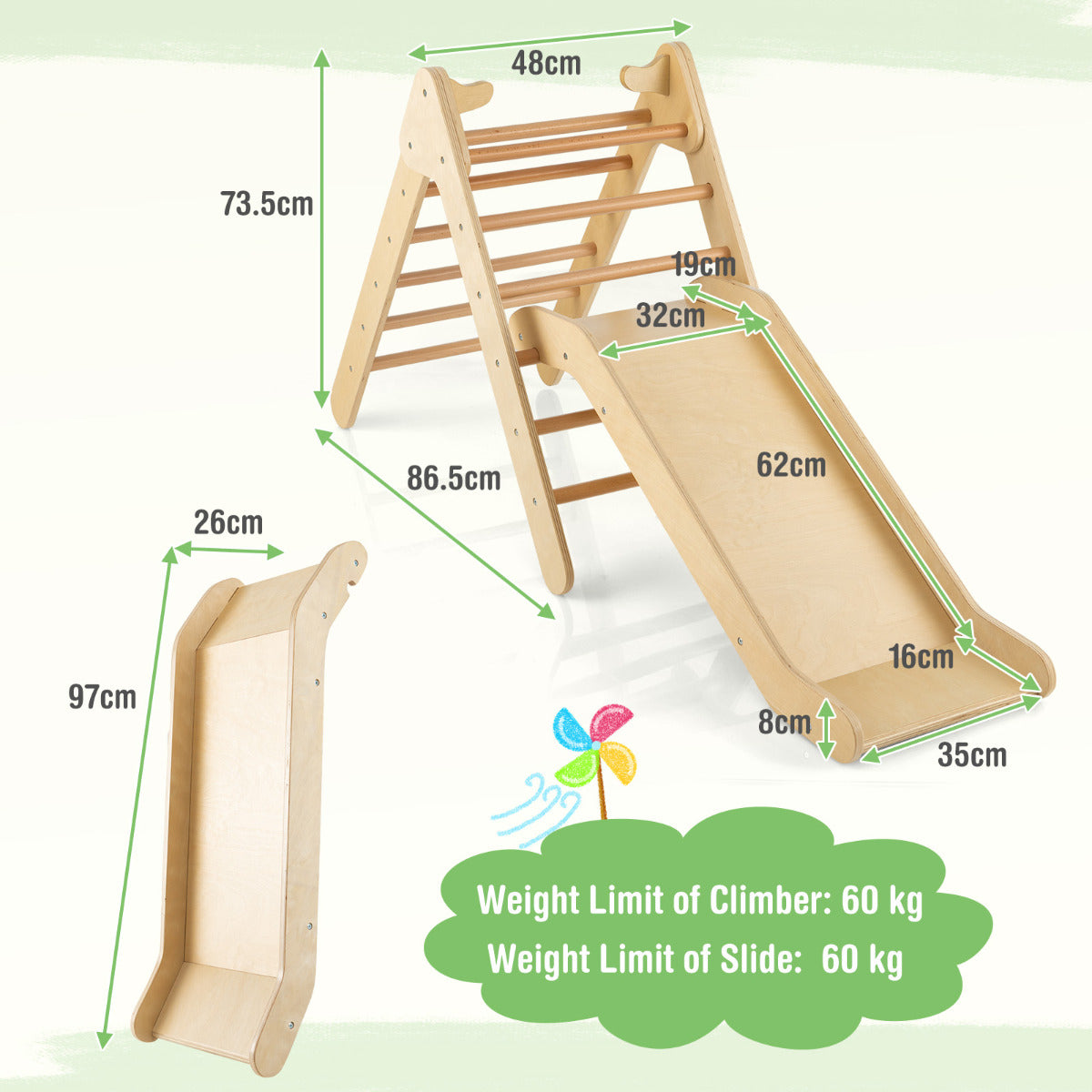 LIVSK Driehoekige Klimladder en Glijbaan - Verstelbare Hoogte - Veilig Beukenhout - Voor Kinderen vanaf 1 jaar - Naturel