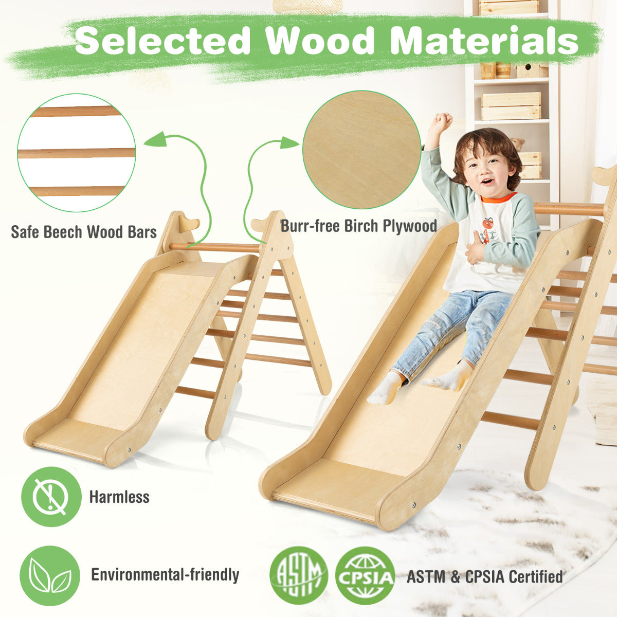 LIVSK Driehoekige Klimladder en Glijbaan - Verstelbare Hoogte - Veilig Beukenhout - Voor Kinderen vanaf 1 jaar - Naturel