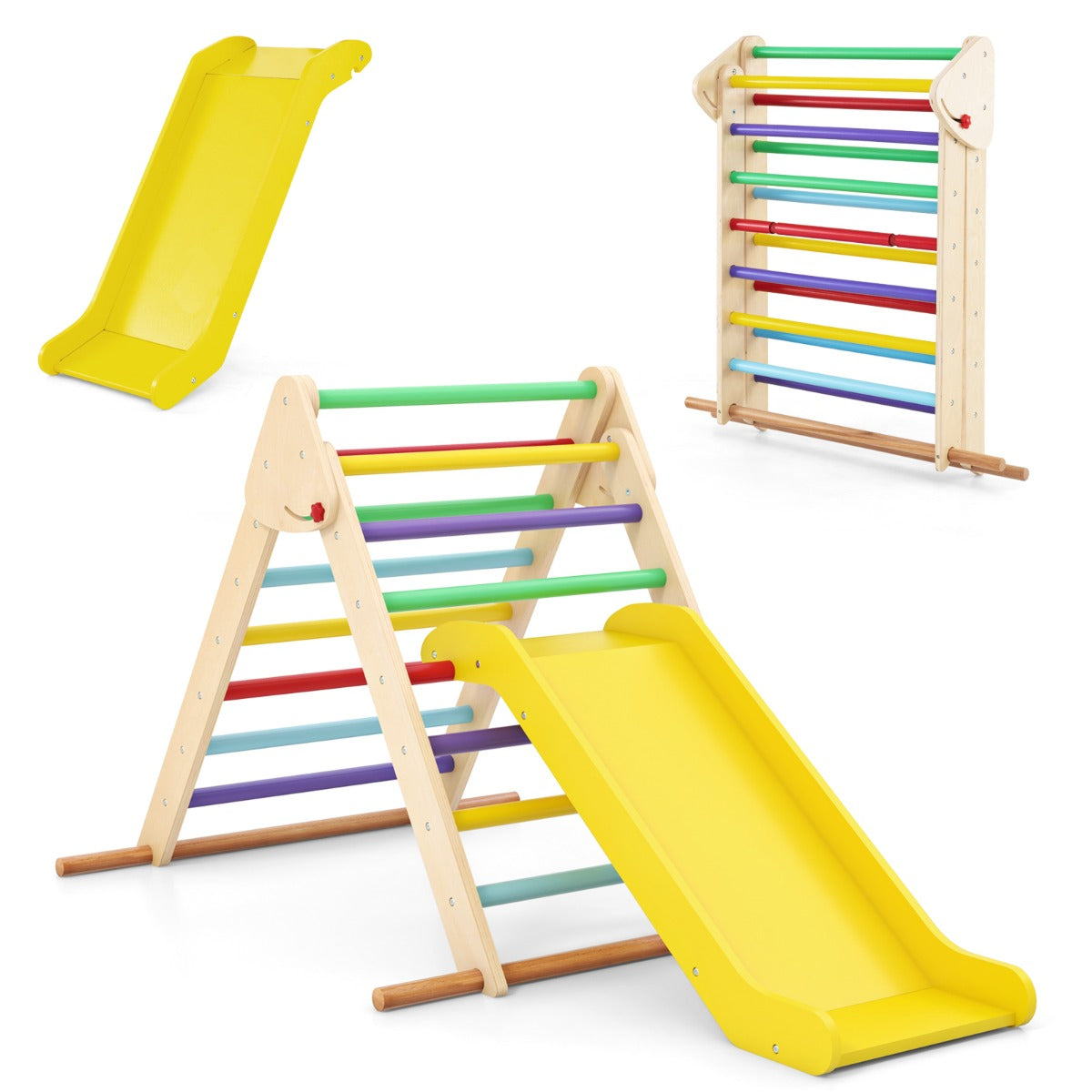 LIVSK Pikler-driehoekset met Glijbaan - Opvouwbaar Klimrek - Houten Montessori Speelgoed - Veilig en Kindvriendelijk - Multicolor