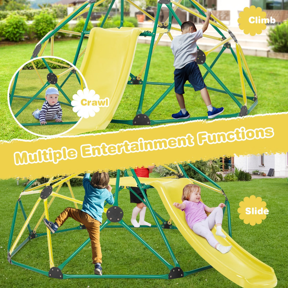 LIVSK Klimkoepel met Glijbaan - Voor Kinderen 3-10 Jaar - Stevige Constructie - Veiligheidsleuningen - Tot 181,5 kg - Groen & Geel