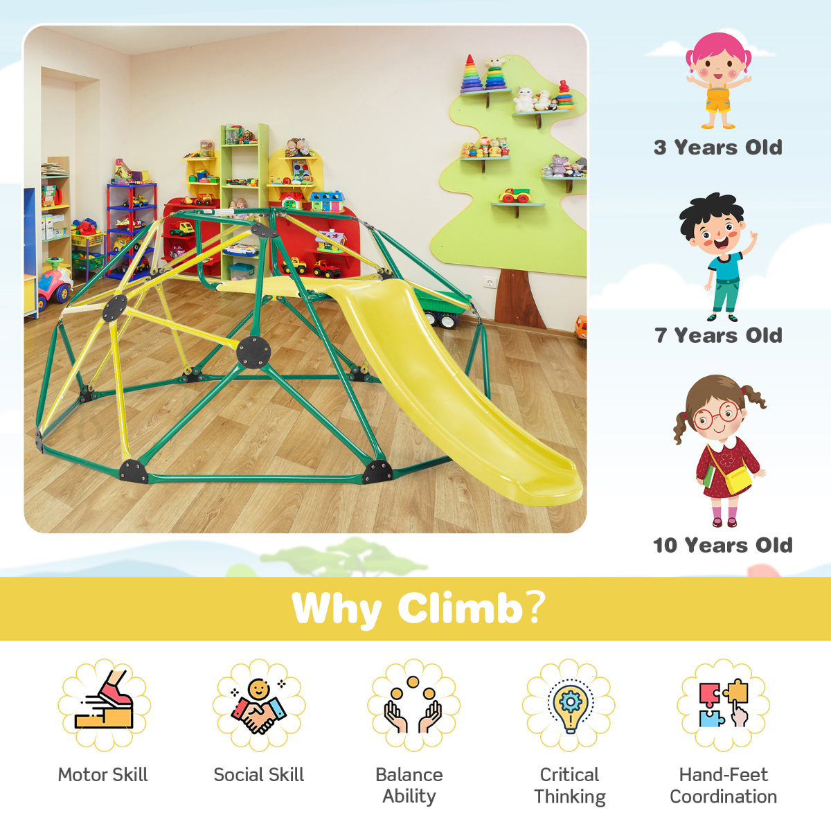 LIVSK Klimkoepel met Glijbaan - Voor Kinderen 3-10 Jaar - Stevige Constructie - Veiligheidsleuningen - Tot 181,5 kg - Groen & Geel