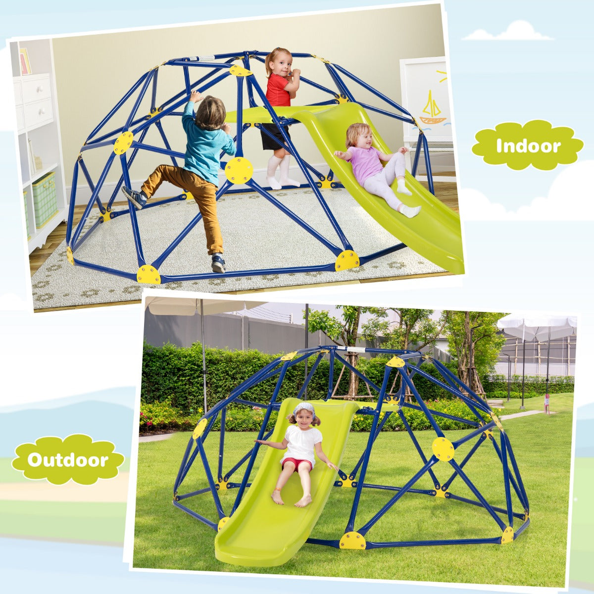 LIVSK Klimkoepel met Glijbaan - Stabiel Metalen Frame - Waterbestendig Platform - Voor 3 Kinderen - 241,5 x 183 x 91,5 cm -