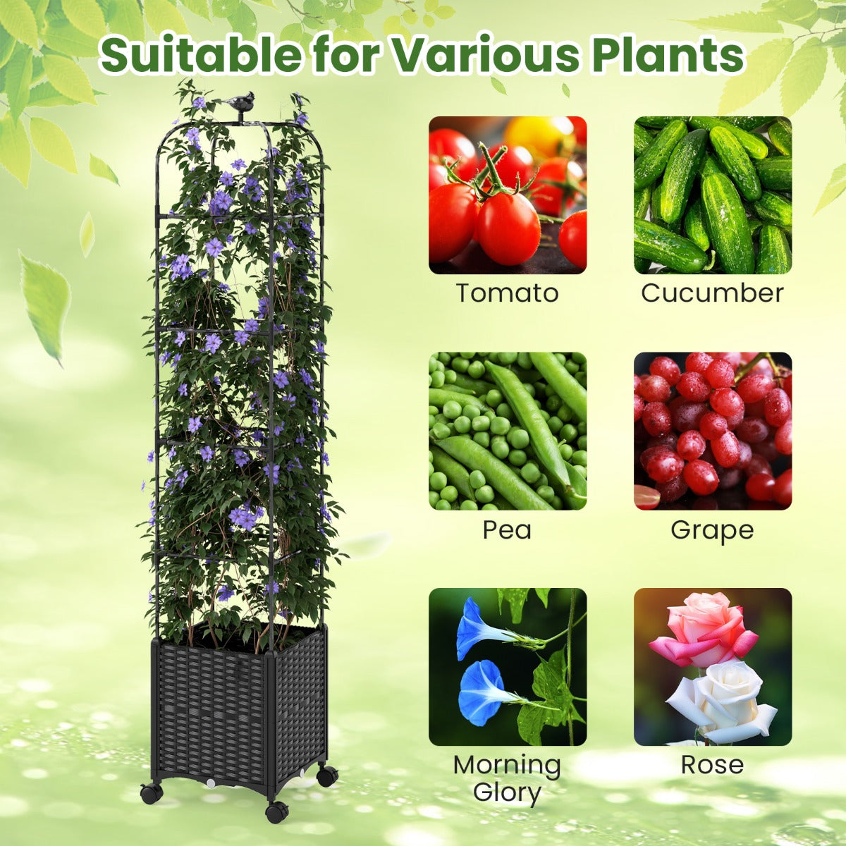 LIVSK 2-in-1 Verhoogd Bed met Klimsteun en Plantenbak - Zelfbewaterend - Verstelbare Hoogte - Duurzaam - 40 x 40 x 211 cm - Zwart