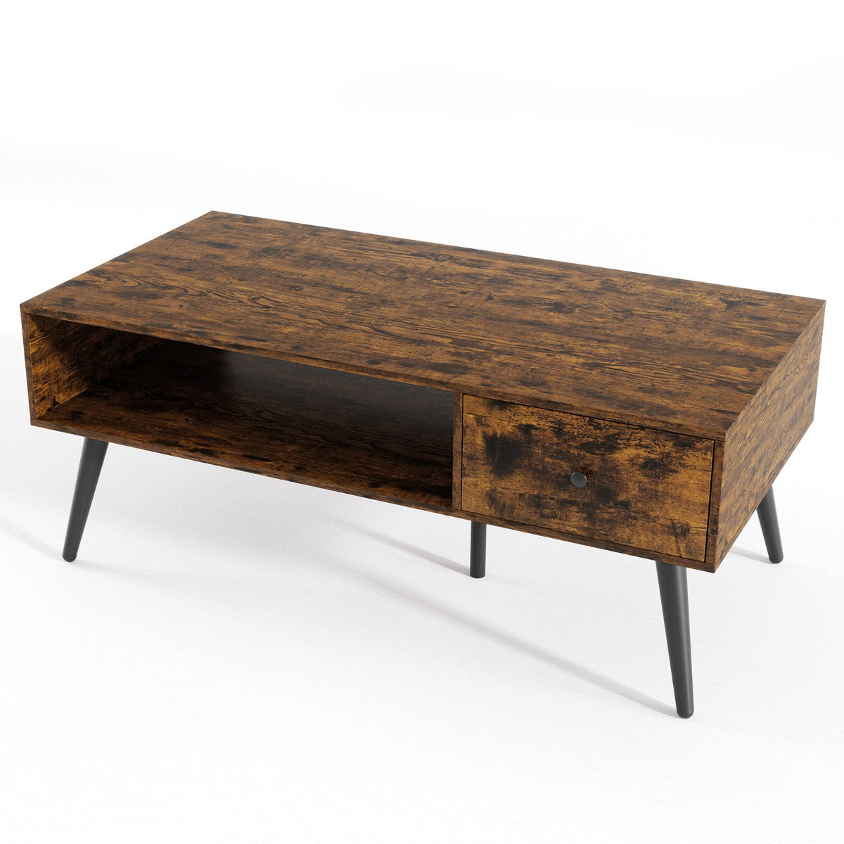 LIVSK Salontafel - Rustiek Bruin met Lade en Open Opbergrek - Stevige Metalen Poten - Tot 70 kg - 109 x 55 x 44,5 cm - Rustiek