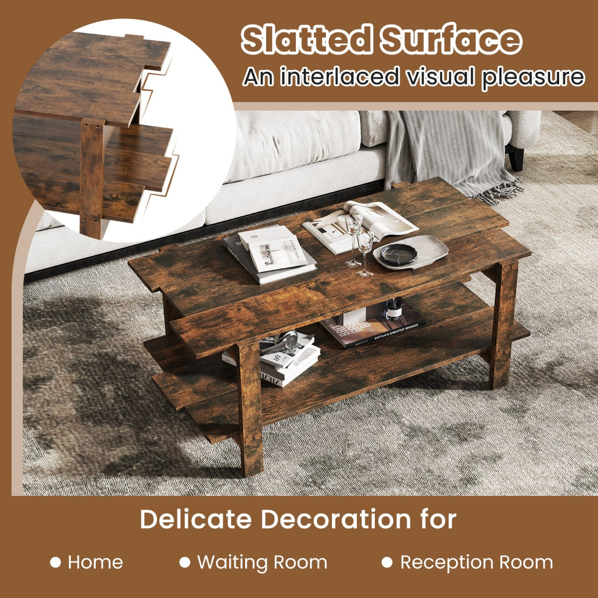 LIVSK Salontafel met Opbergplank - Tweelaags Ontwerp - Stevig Composiet Hout - Draagvermogen 120 kg - Walnoot