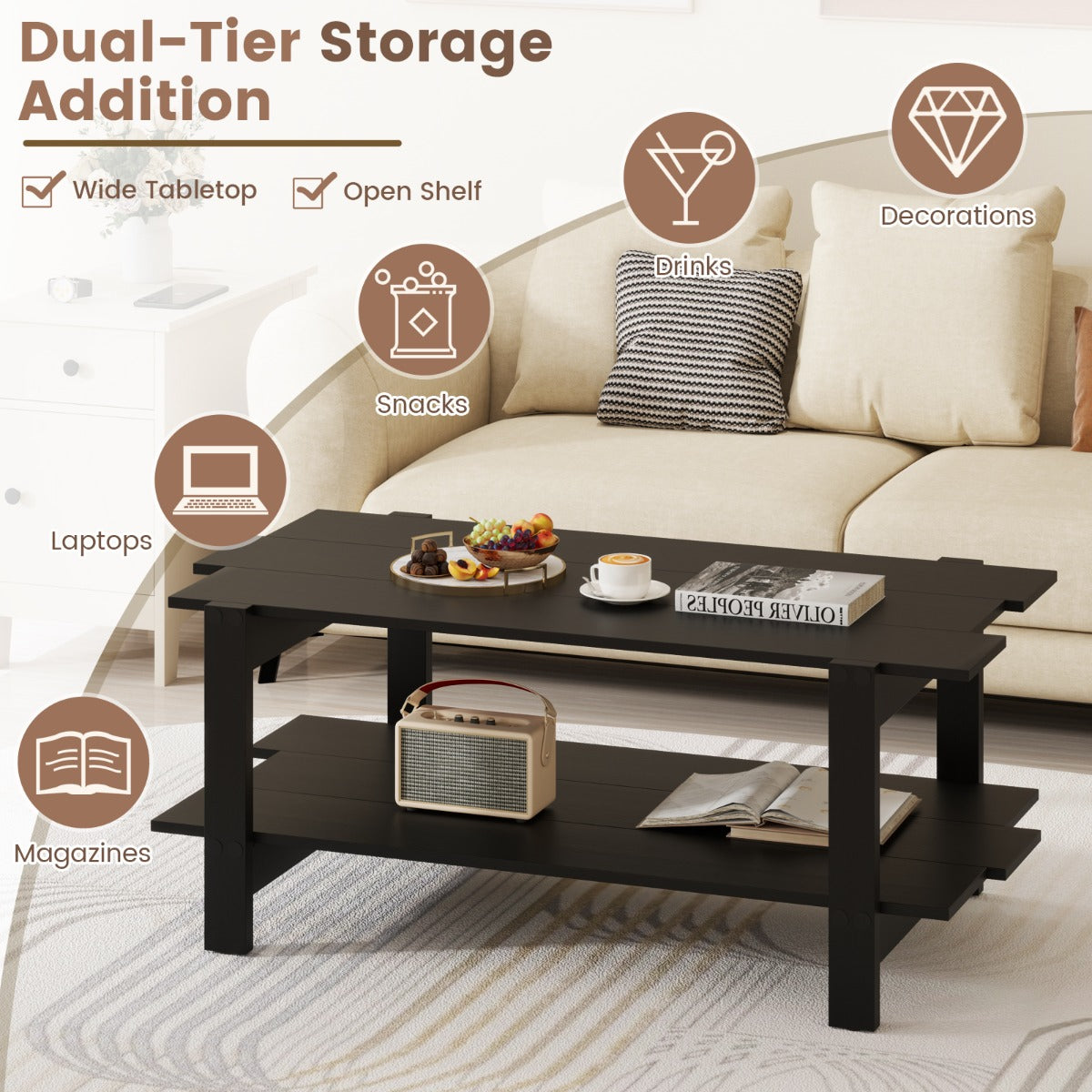 LIVSK Salontafel met Opbergplank - Twee Niveaus - Draagvermogen 120 kg - Houten Frame - Elegant Lamellenoppervlak - Walnoot/Zwart