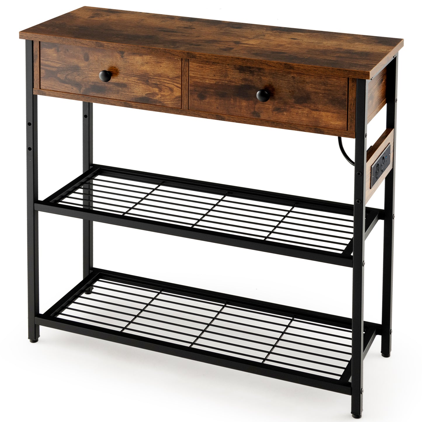 LIVSK Console Tafel met Oplaadstation - 2 Lades - Metalen Gaasplanken - Stabiliteit - 81 x 30 x 81 cm - Rustiek bruin