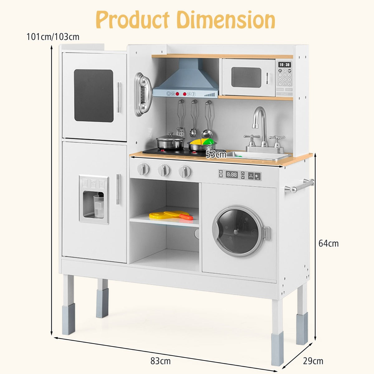 Livsk costway kookset voor kinderen keukenspeelgoed met afzuigkap ijsblokjesmachine en telefoon houten keuken naturel 3