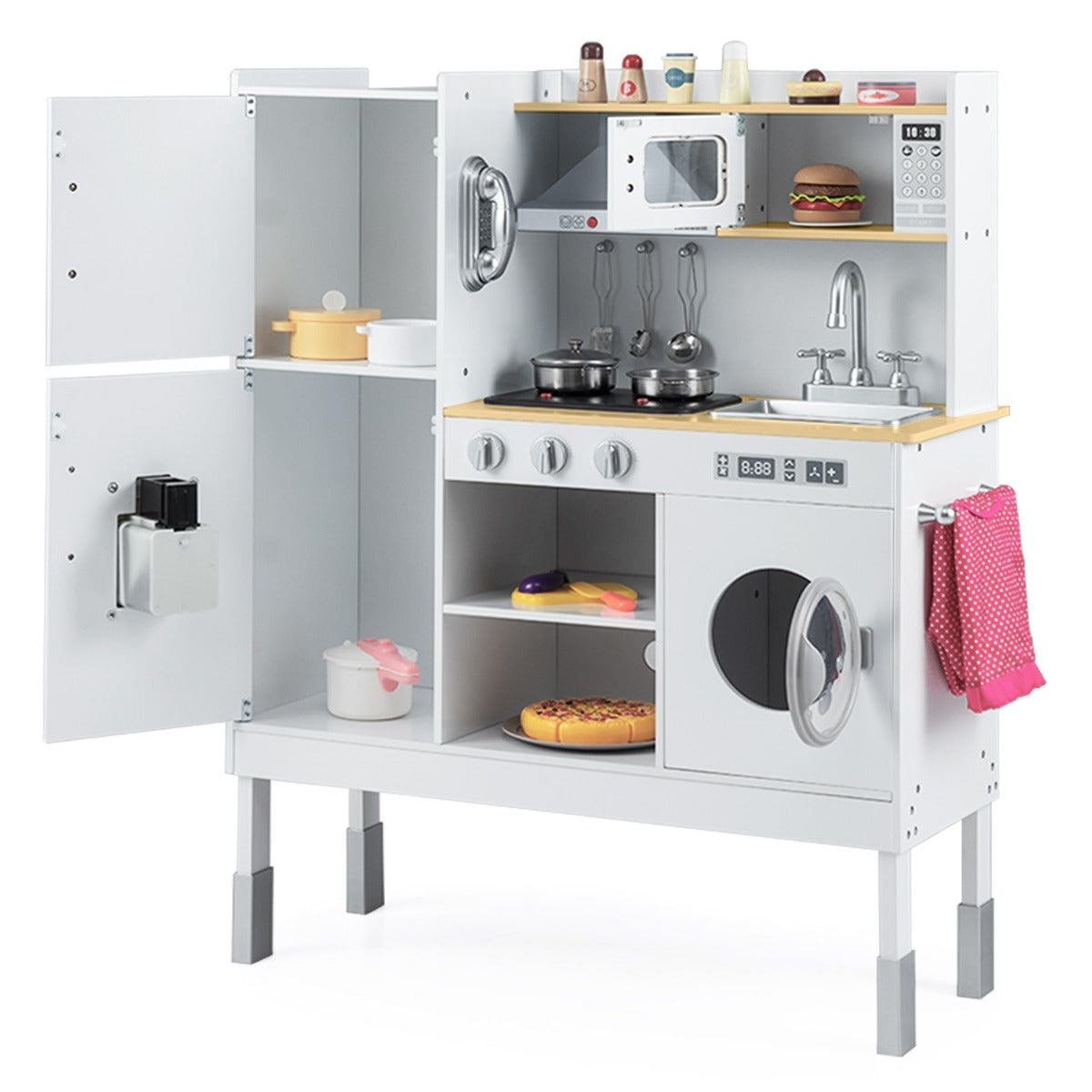 Livsk costway kookset voor kinderen keukenspeelgoed met afzuigkap ijsblokjesmachine en telefoon houten keuken wit 1 1