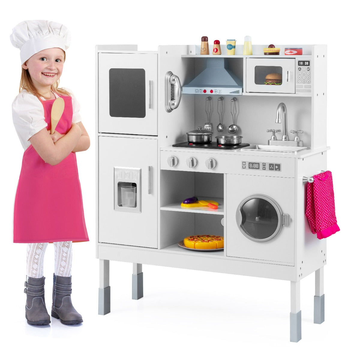 Livsk costway kookset voor kinderen keukenspeelgoed met afzuigkap ijsblokjesmachine en telefoon houten keuken wit
