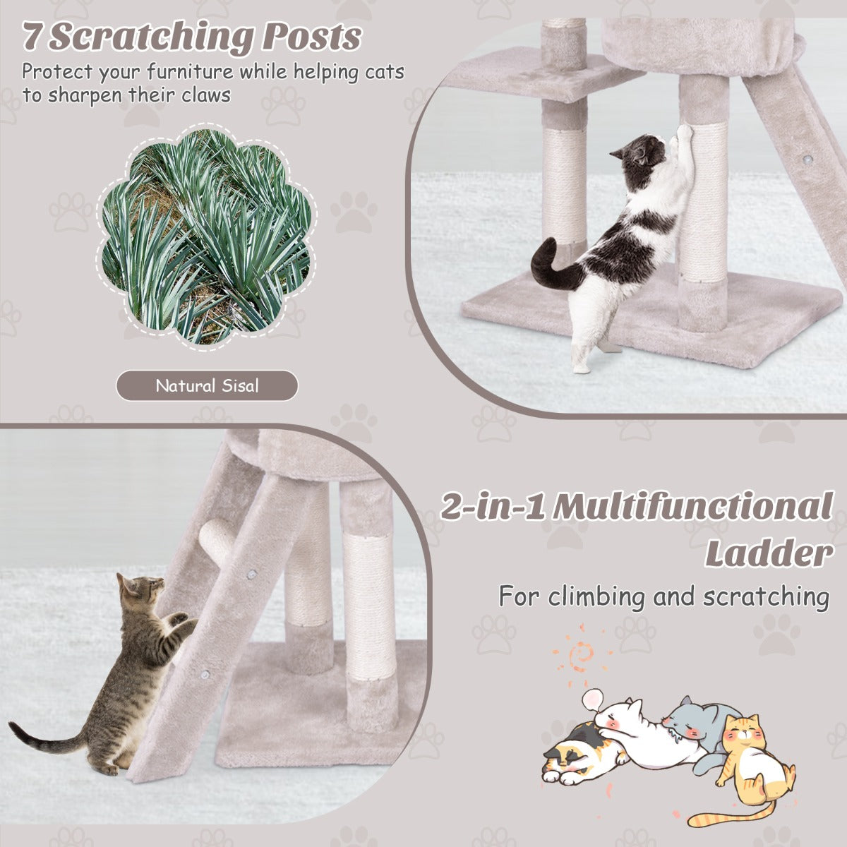 LIVSK Krabpaal voor Katten - 6 Verdiepingen - Zacht Pluche - Sisalpalen - Inclusief Speelbolletjes - 93 x 36 x 140 cm - Beige