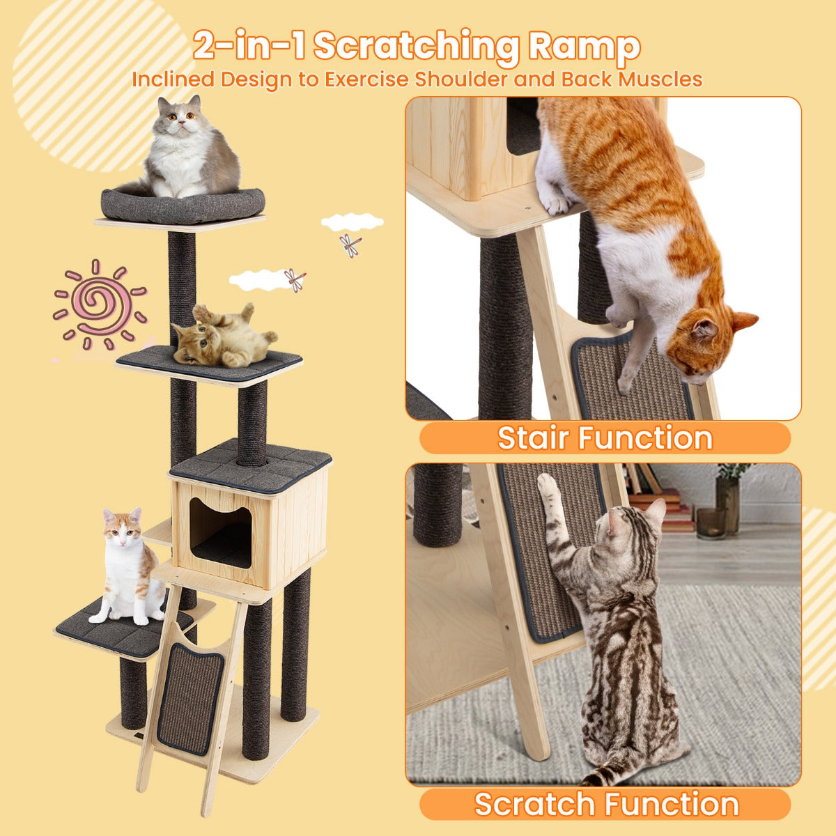 LIVSK Kattentoren 175 cm - Meerdere Niveaus met Krabplekken - Stabiele Constructie - Pluche Kussens - Grijs