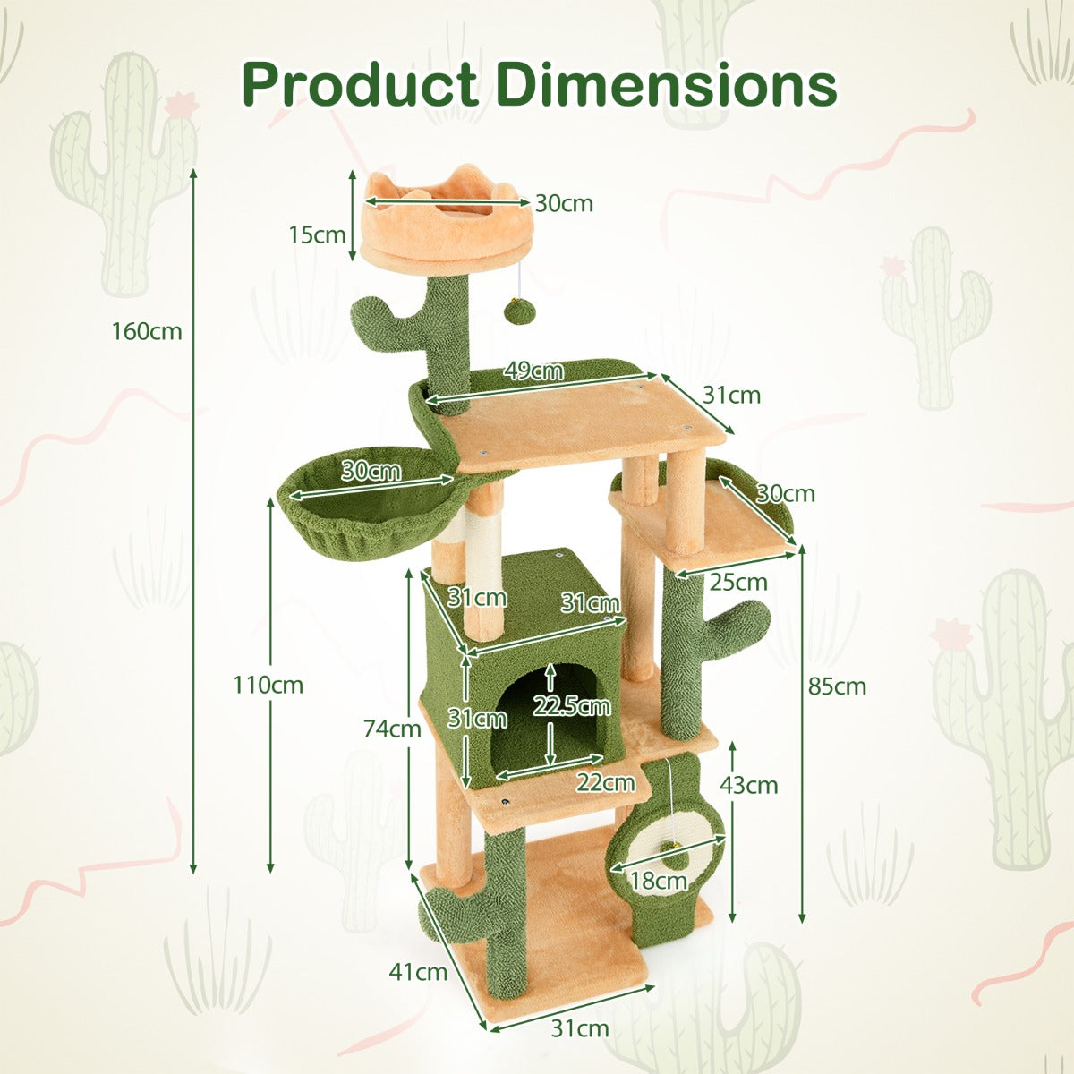 LIVSK Cactus Kattenboom 160 cm - Verhoogde Zitplaatsen - Knusse Grot - Sisalpalen - Ultiem Comfort - Groen & Oranje