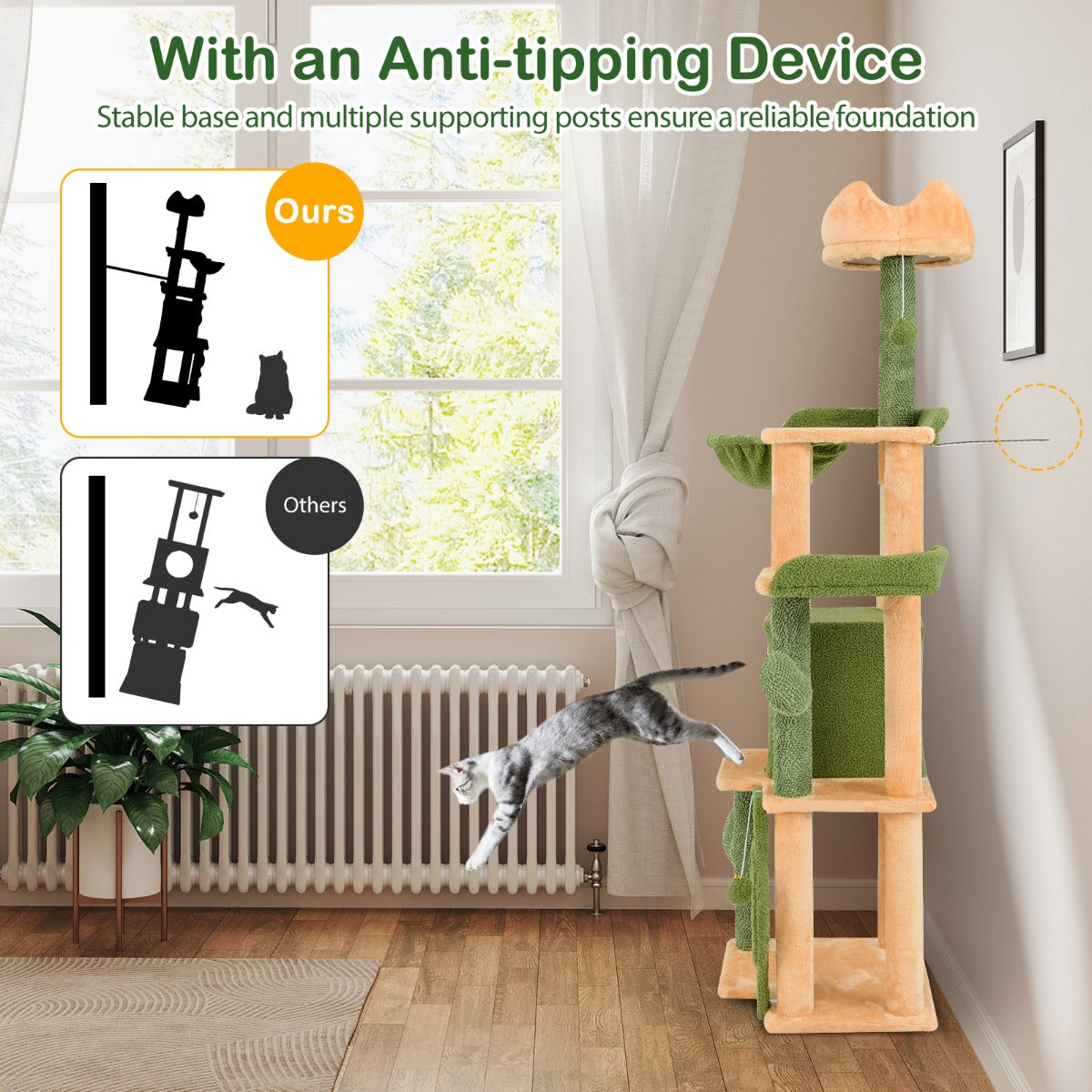 LIVSK Cactus Kattenboom 160 cm - Verhoogde Zitplaatsen - Knusse Grot - Sisalpalen - Ultiem Comfort - Groen & Oranje