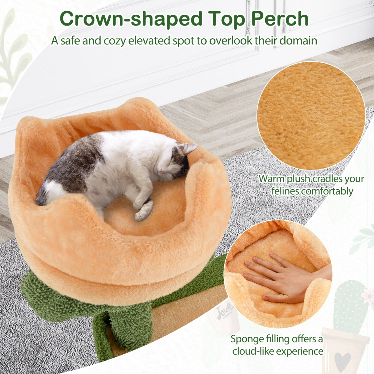 LIVSK Cactus Kattenboom 160 cm - Verhoogde Zitplaatsen - Knusse Grot - Sisalpalen - Ultiem Comfort - Groen & Oranje