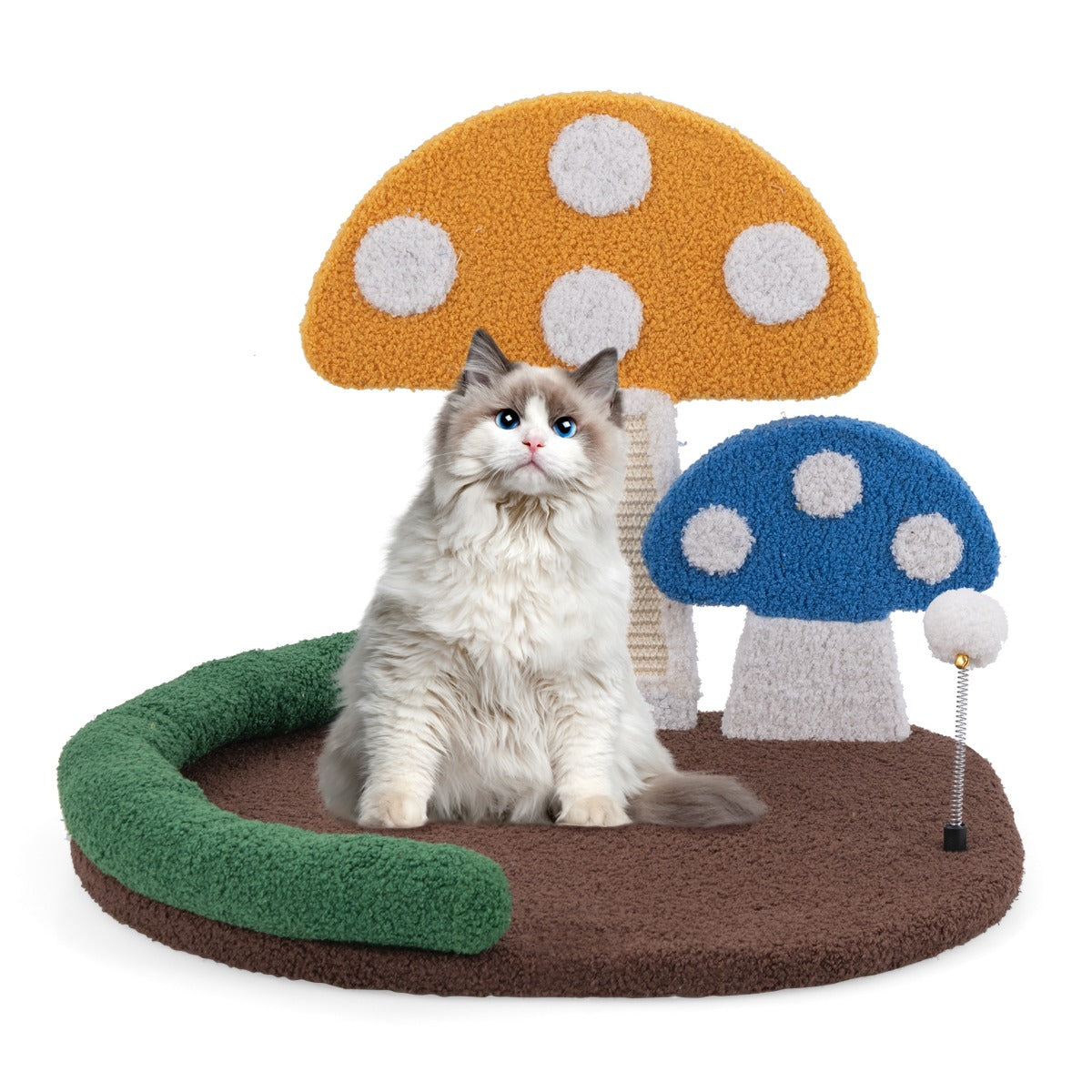 LIVSK 3-in-1 Kattenbed - Paddenstoelvorm - Krabplank en Schommelbal - Comfortabele Hoofdsteun - 59 x 49 x 43 cm - Bruin