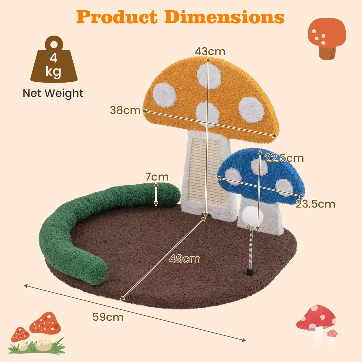 LIVSK 3-in-1 Kattenbed - Paddenstoelvorm - Krabplank en Schommelbal - Comfortabele Hoofdsteun - 59 x 49 x 43 cm - Bruin