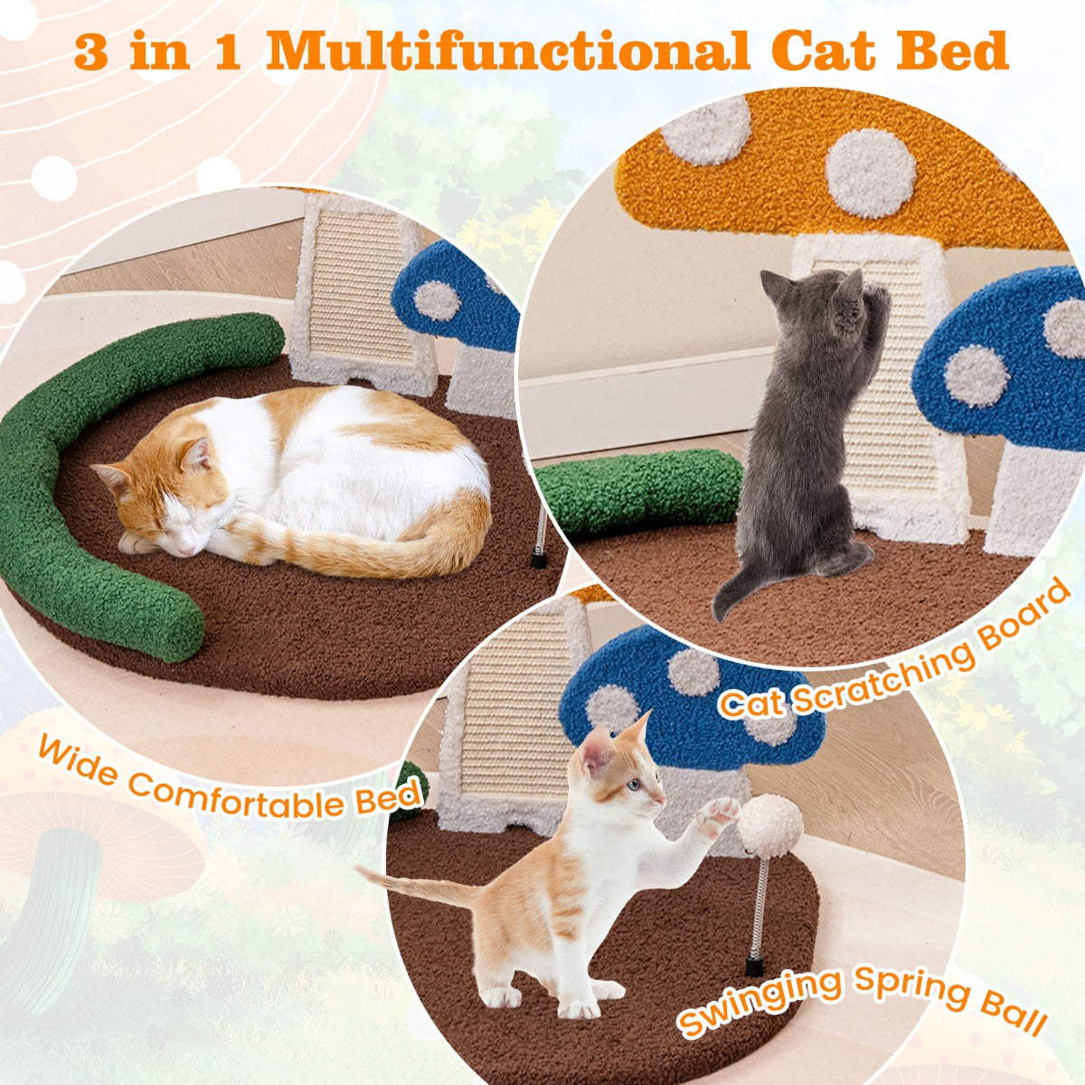 LIVSK 3-in-1 Kattenbed - Paddenstoelvorm - Krabplank en Schommelbal - Comfortabele Hoofdsteun - 59 x 49 x 43 cm - Bruin