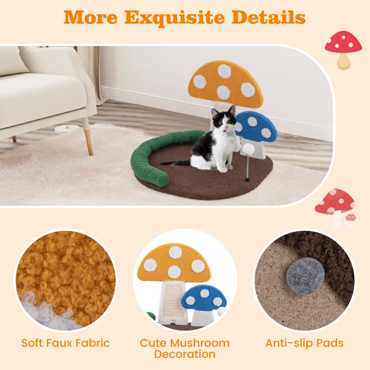 LIVSK 3-in-1 Kattenbed - Paddenstoelvorm - Krabplank en Schommelbal - Comfortabele Hoofdsteun - 59 x 49 x 43 cm - Bruin
