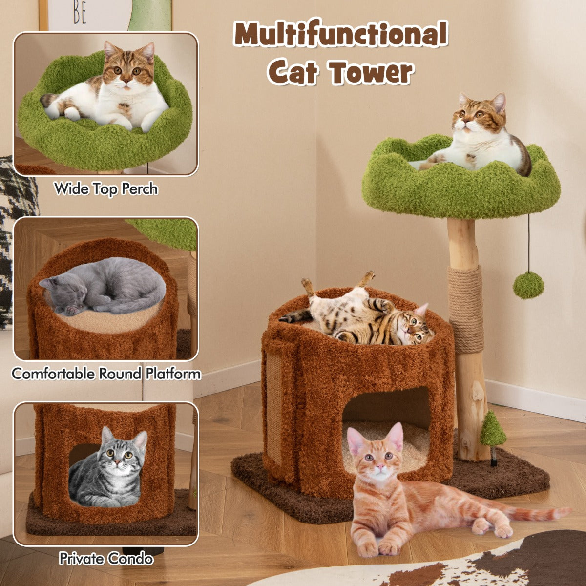 LIVSK Kattenboom - Breed Ligoppervlak - Privéhol - Hangende Bal - Sisal-Krabpaal - 60 x 46 x 73 cm - Bruin