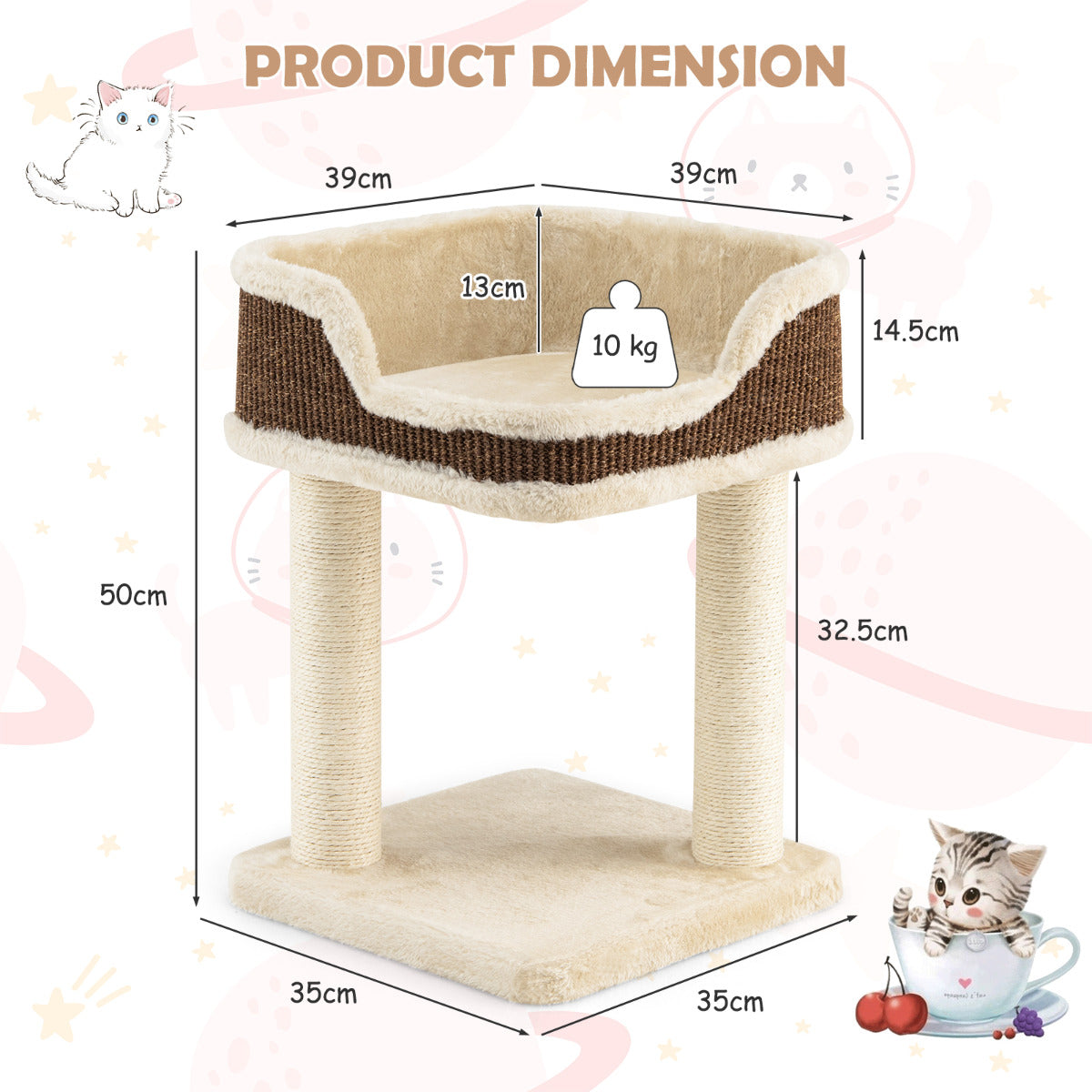 LIVSK Kattenboom met Krabpalen - Luxe Zitvlak 39 x 39 cm - Duurzaam Pluche en Sisal - Eenvoudige Montage - Beige