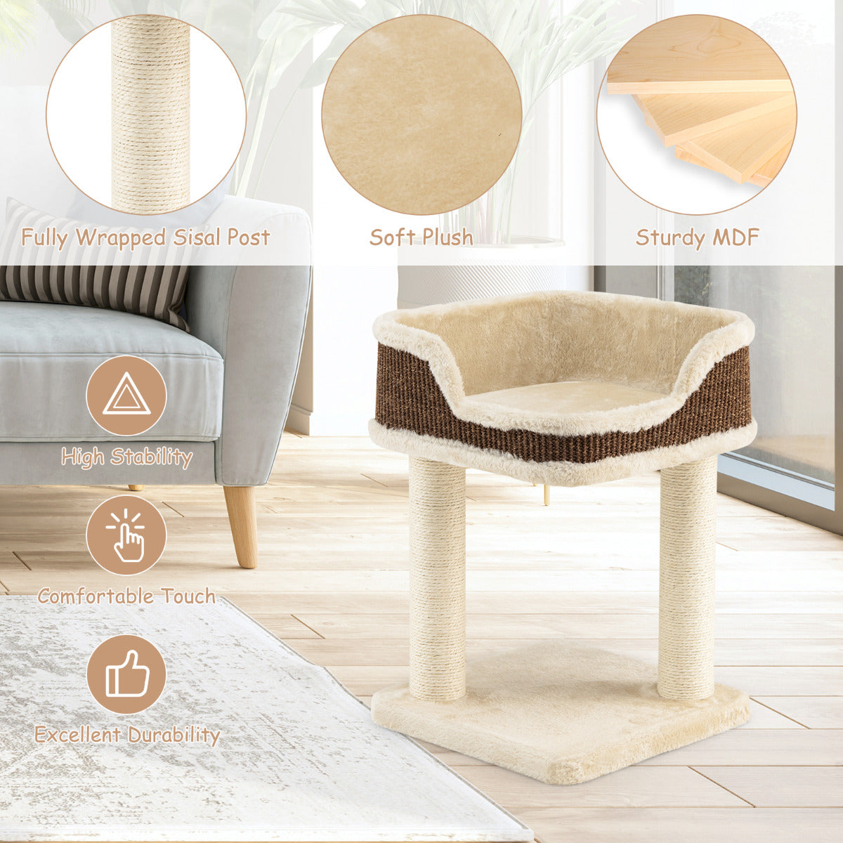 LIVSK Kattenboom met Krabpalen - Luxe Zitvlak 39 x 39 cm - Duurzaam Pluche en Sisal - Eenvoudige Montage - Beige
