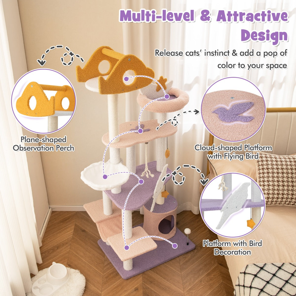 LIVSK Kattenkrabpaal met Hangmat en Pluche Zitting - Duurzaam en Veelzijdig Speelplezier - 68 x 48 x 167 cm - Paars en Roze