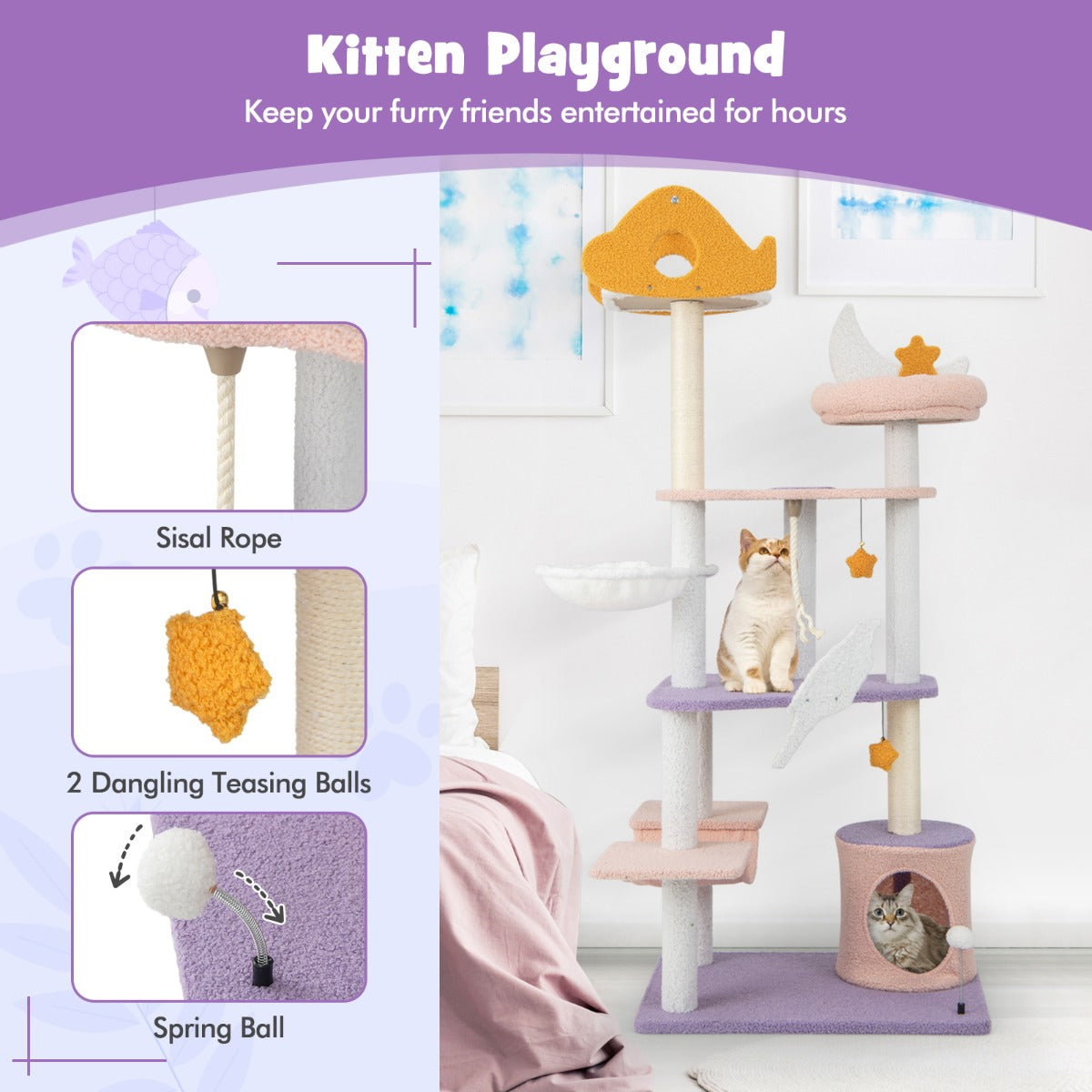 LIVSK Kattenkrabpaal met Hangmat en Pluche Zitting - Duurzaam en Veelzijdig Speelplezier - 68 x 48 x 167 cm - Paars en Roze