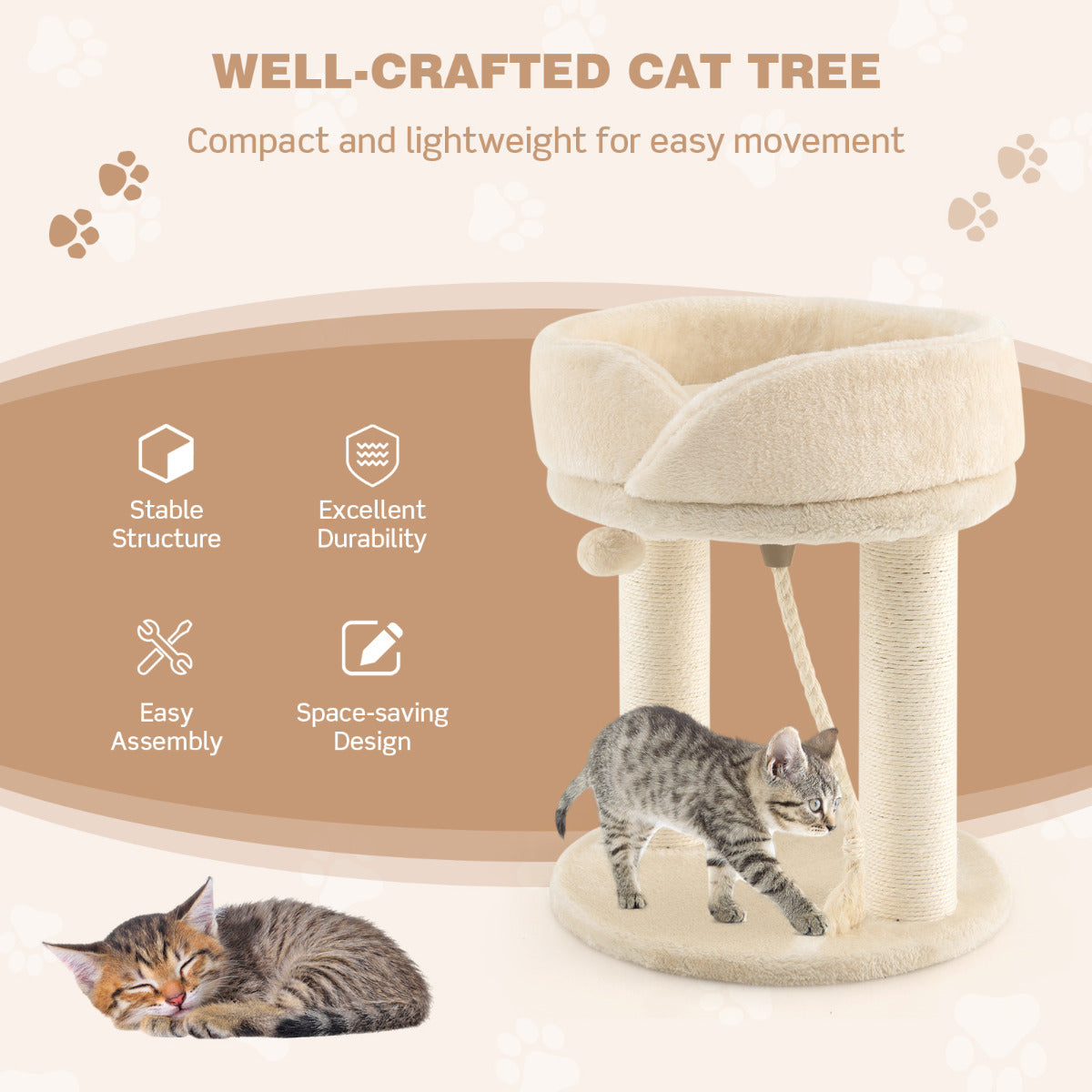 LIVSK Krabpaal voor Katten - 4-in-1 Speel- en Relaxplek - Sisalpalen en Pluche Zitje - Compact en Stabiel - Beige
