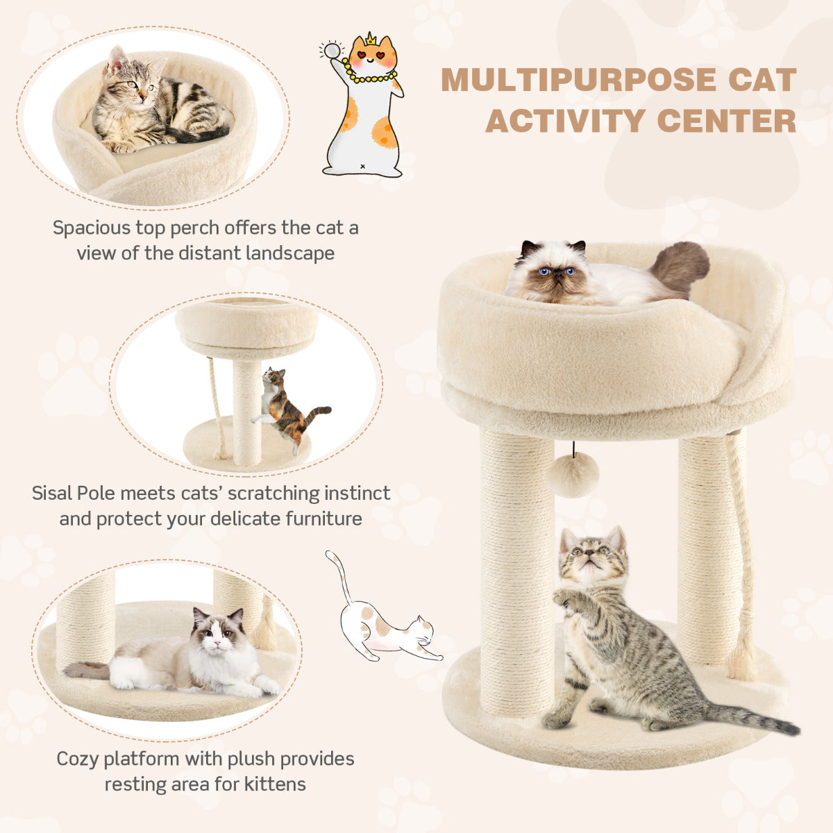 LIVSK Krabpaal voor Katten - 4-in-1 Speel- en Relaxplek - Sisalpalen en Pluche Zitje - Compact en Stabiel - Beige