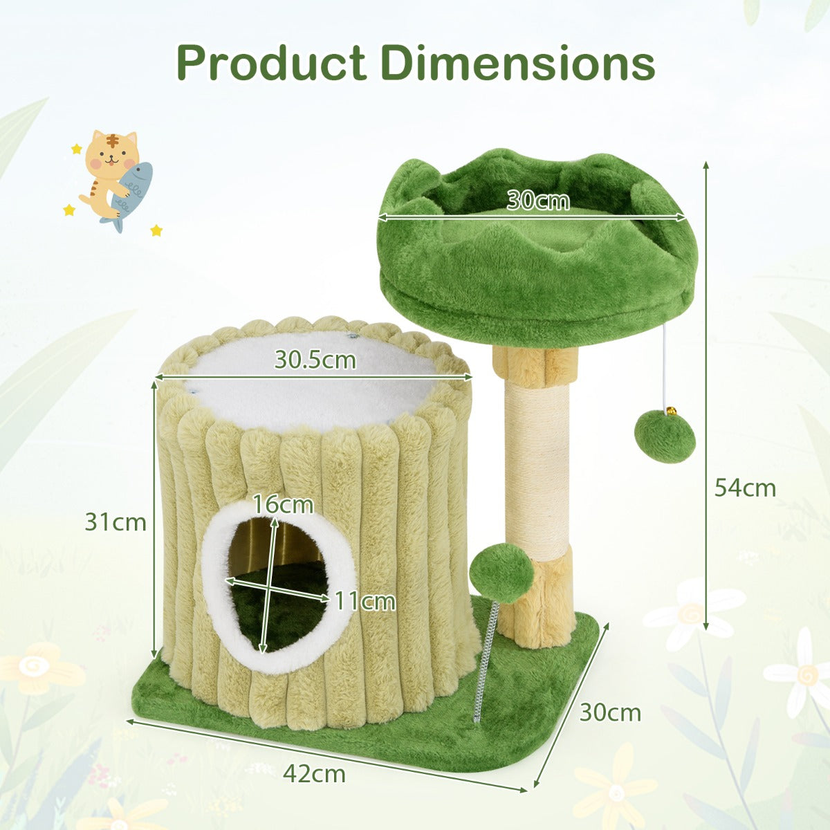 LIVSK Kattenkrabpaal - Gevoerd Platform - Sisal-Krabzuil - Gezellig Hol - Actief Speelgoed - 42 x 30 x 54 cm - Groen