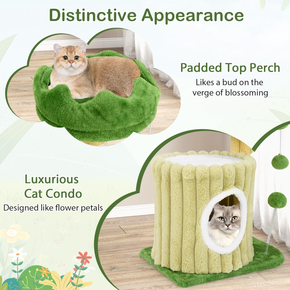 LIVSK Kattenkrabpaal - Gevoerd Platform - Sisal-Krabzuil - Gezellig Hol - Actief Speelgoed - 42 x 30 x 54 cm - Groen