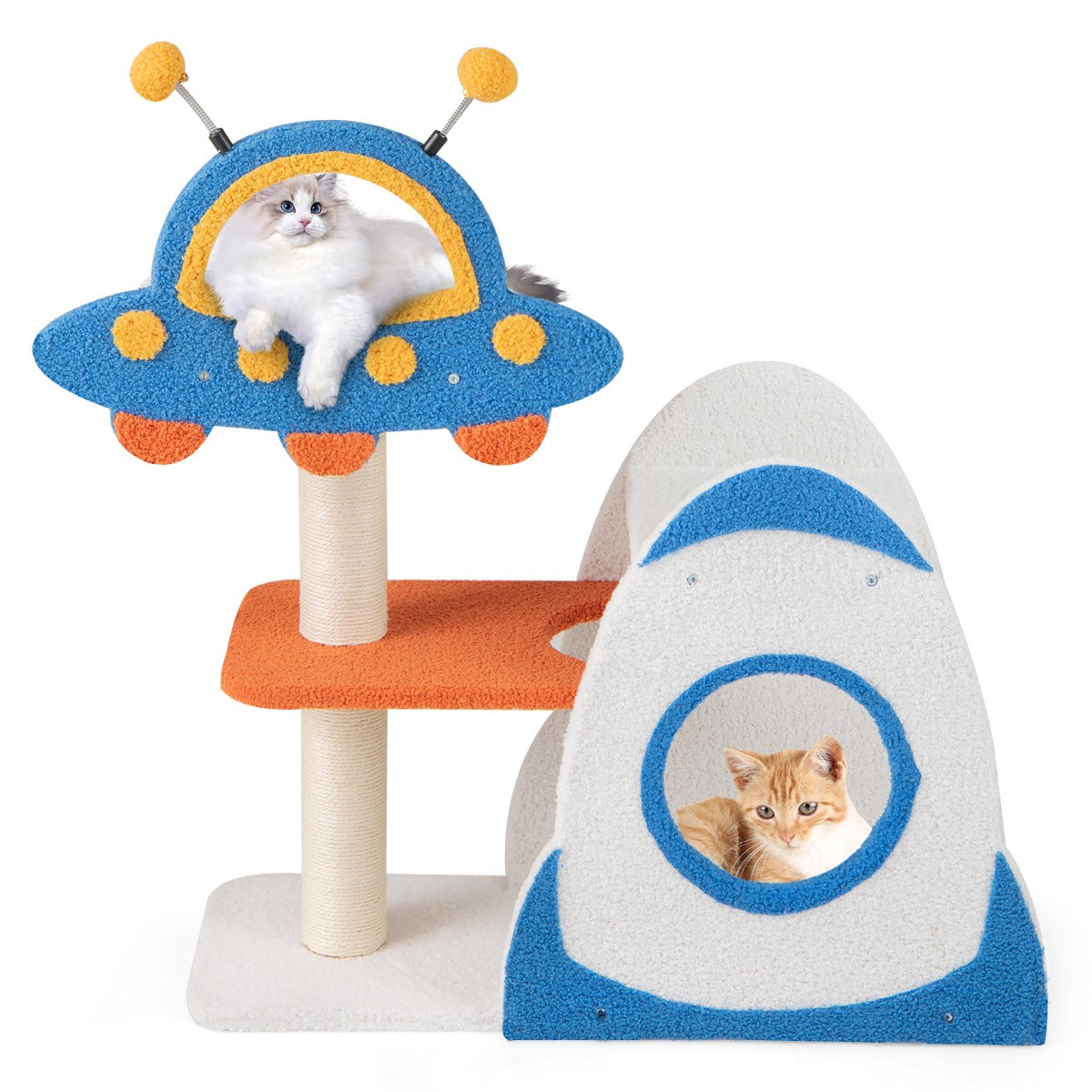 LIVSK thematische krabpaal - 4 verdiepingen met UFO-platform - Sisal-krabzuilen - Teddyplus bekleding - 80 x 33 x 87 cm - Blauw