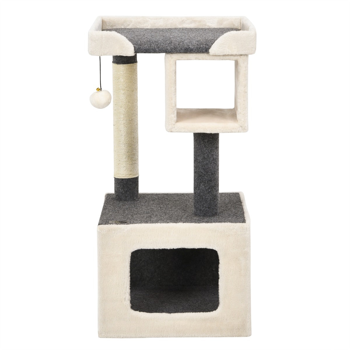 LIVSK Multifunctionele Kattenboom - 2 Laags met Krabpaal en Zitstok - Stevig Houten Frame - Eenvoudige Montage - 42 x 42 x 80 cm