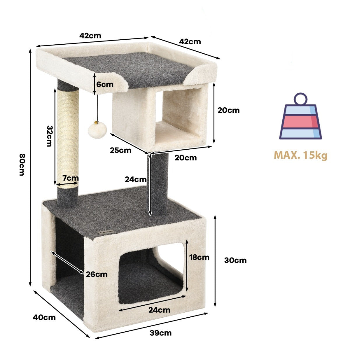 LIVSK Multifunctionele Kattenboom - 2 Laags met Krabpaal en Zitstok - Stevig Houten Frame - Eenvoudige Montage - 42 x 42 x 80 cm