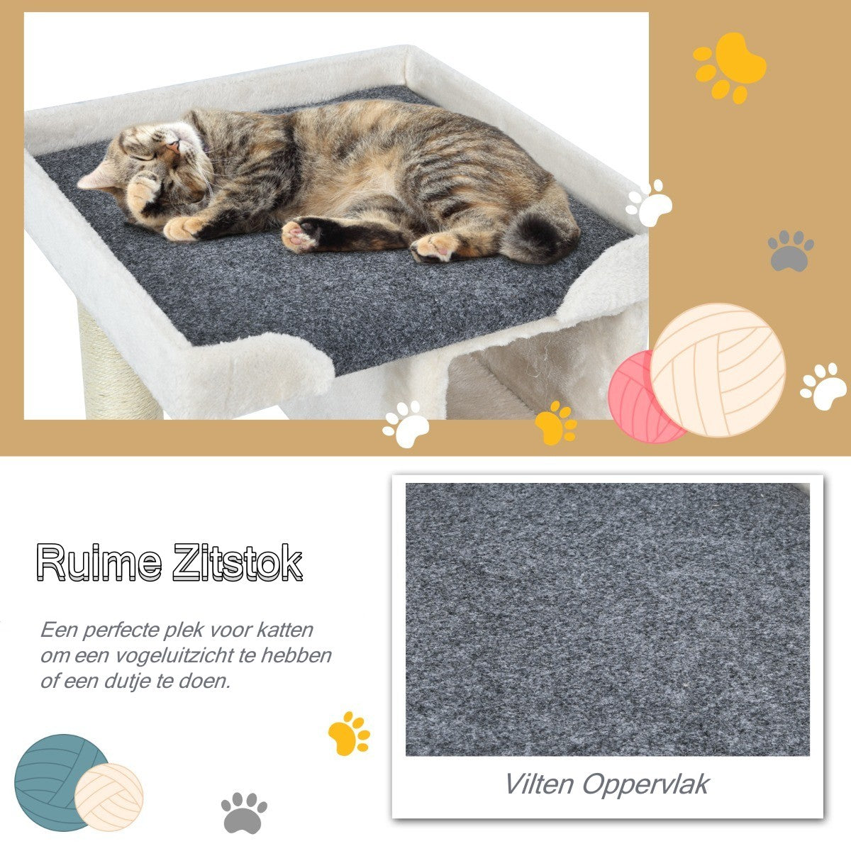 LIVSK Multifunctionele Kattenboom - 2 Laags met Krabpaal en Zitstok - Stevig Houten Frame - Eenvoudige Montage - 42 x 42 x 80 cm