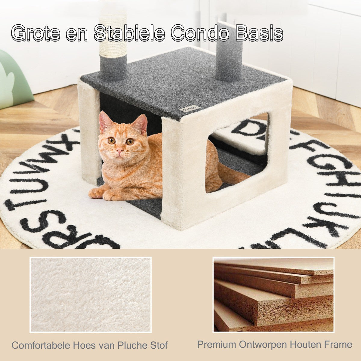 LIVSK Multifunctionele Kattenboom - 2 Laags met Krabpaal en Zitstok - Stevig Houten Frame - Eenvoudige Montage - 42 x 42 x 80 cm