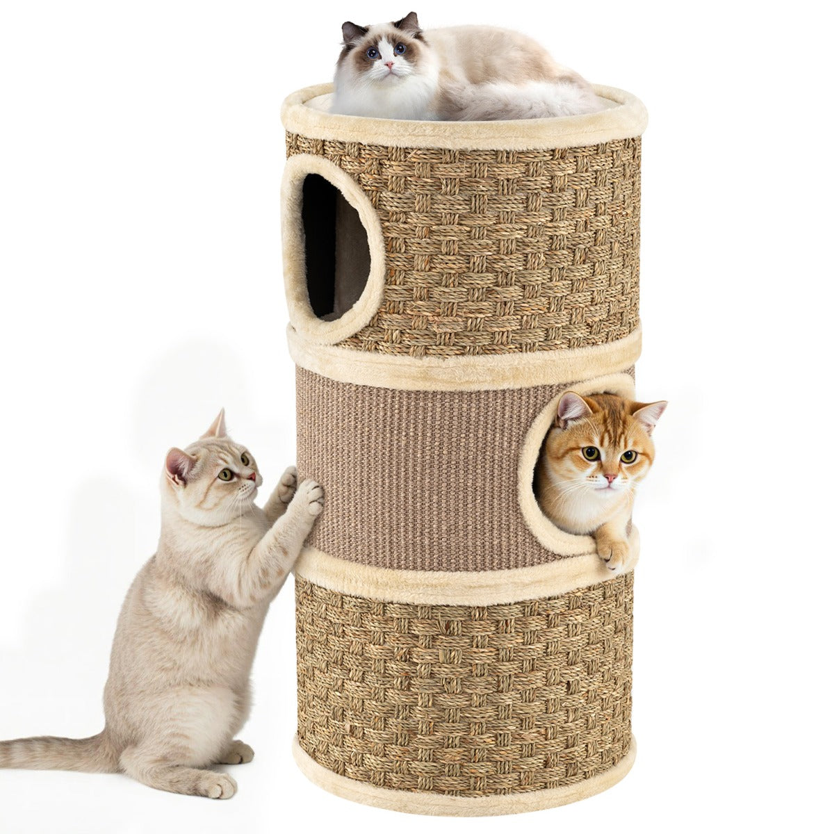 Livsk costway krabpaal met 3 verdiepingen 70 cm hoge kattenkroep met sisal krabplank knusse slaapplaats tonvormige kattentoren