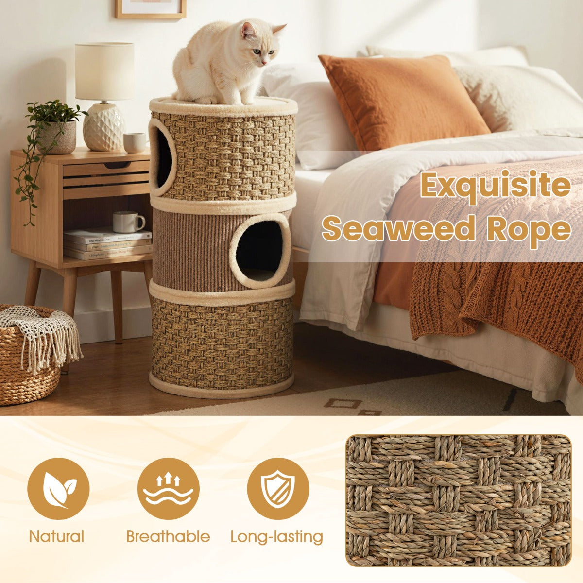 Livsk costway krabpaal met 3 verdiepingen 70 cm hoge kattenkroep met sisal krabplank knusse slaapplaats tonvormige kattentoren 4