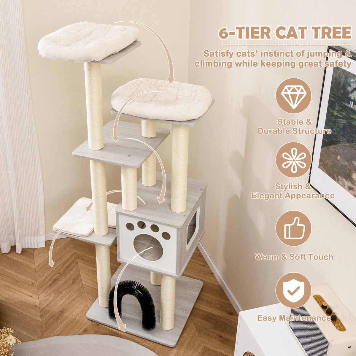 LIVSK Kattenkrabpaal met Zacht Pluche - Natuurlijke Sisalpalen - Activiteitencentrum - Hoogte 176 cm - Beige / Grijs