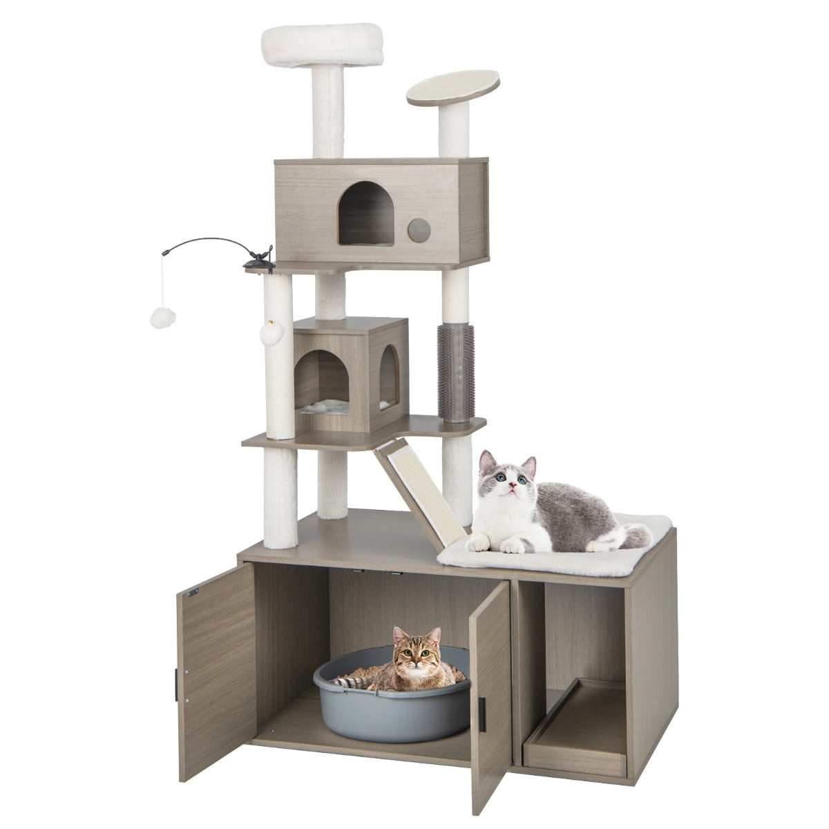 LIVSK 2-in-1 Krabpaal met Kattenbak - Ruime Pluche Zitting - 2 Platforms - 2 Bungelende Ballen - Stabiliteit Gewaarborgd - Grijs