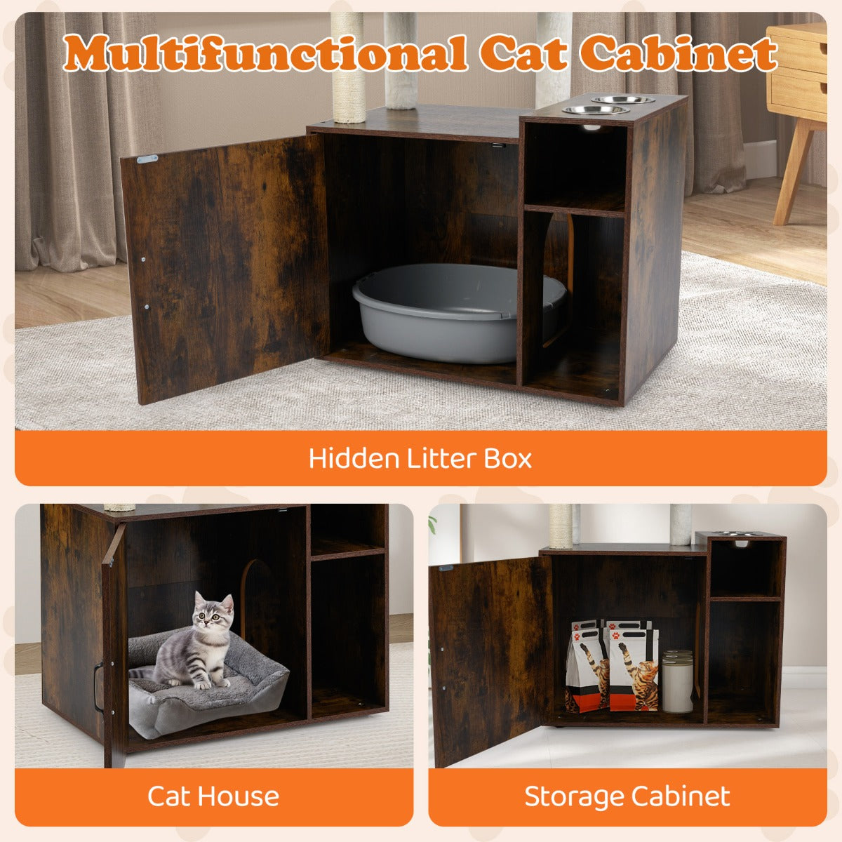 Livsk costway krabpaal met kattenbak kattentoren met paal en sisal krabmat bruin 4