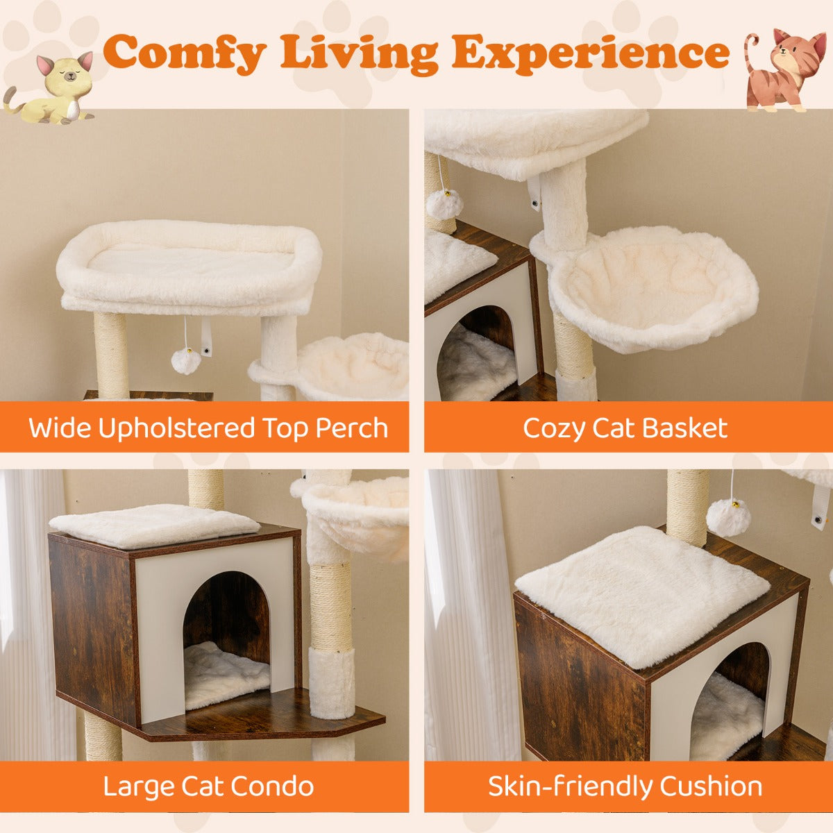Livsk costway krabpaal met kattenbak kattentoren met paal en sisal krabmat bruin 5