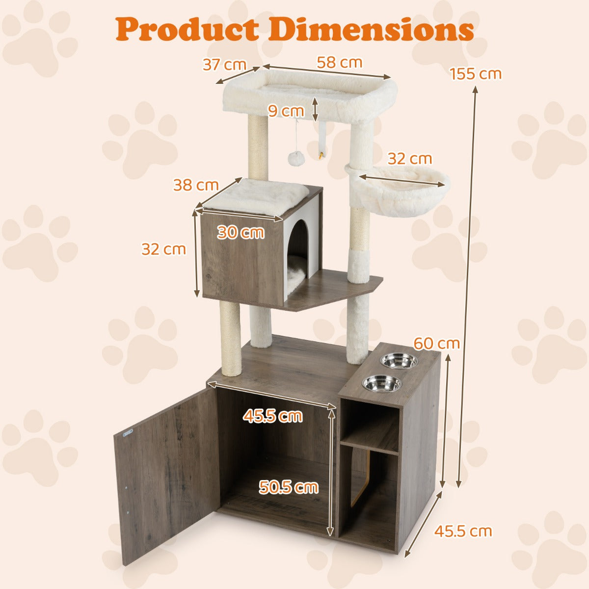 Livsk costway krabpaal met kattenbak kattentoren met paal en sisal krabmat grijs 1 1