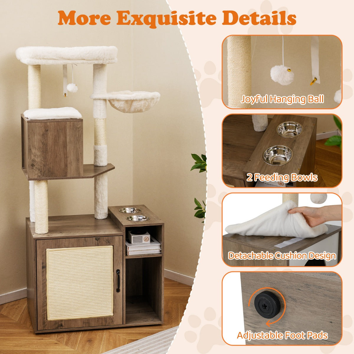 Livsk costway krabpaal met kattenbak kattentoren met paal en sisal krabmat grijs 6