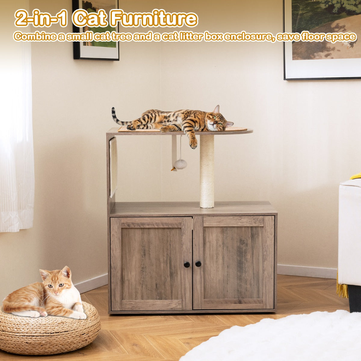 LIVSK Kattenmeubel met Krabpaal - 2-in-1 Design met Verborgen Kattenbak - Stabiele Constructie - 80 x 45 x 87,5 cm - Grijs + Wit