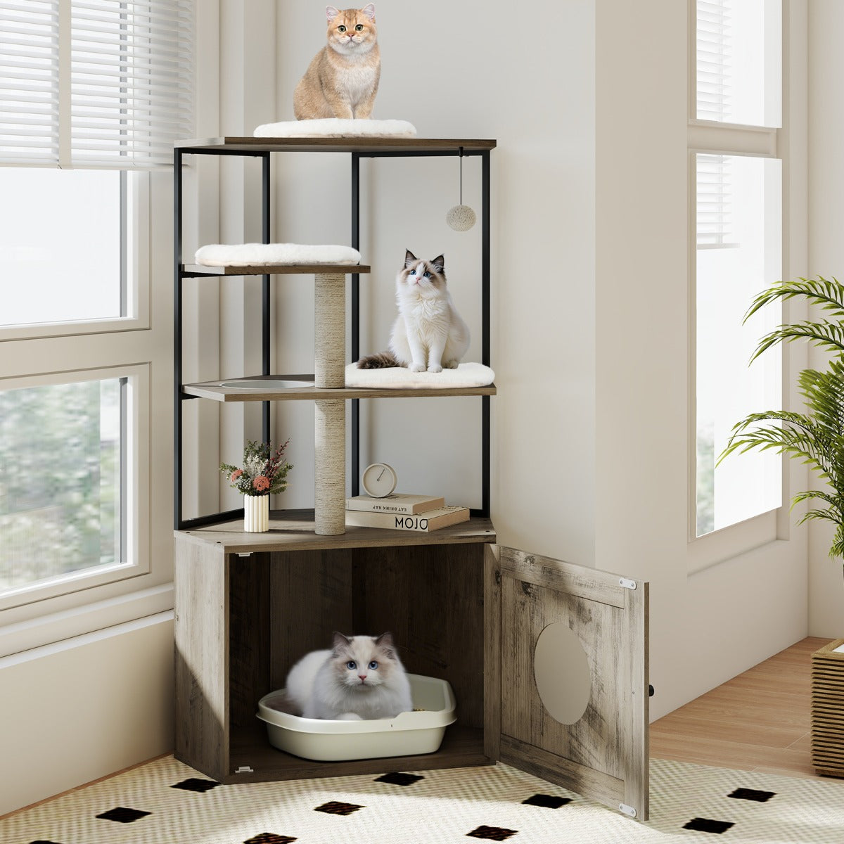 Livsk costway krabpaal met kattenbakverstopping moderne kattenkast geintegreerd verborgen kattenmeubilair 1 1