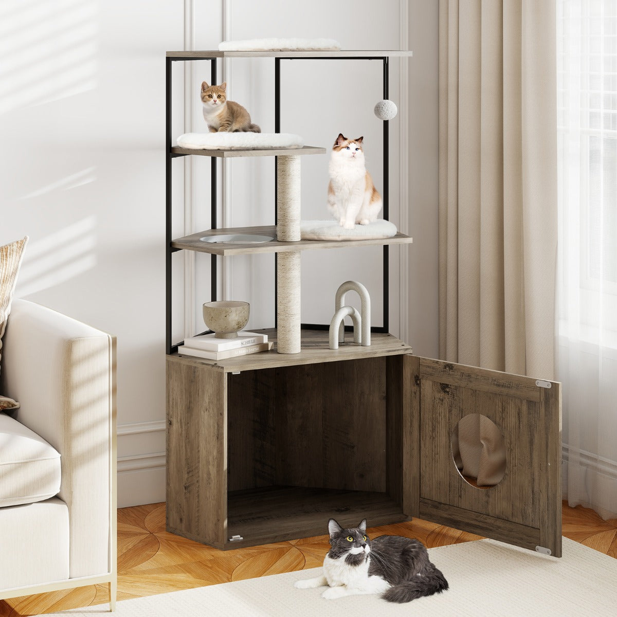 Livsk costway krabpaal met kattenbakverstopping moderne kattenkast geintegreerd verborgen kattenmeubilair 2
