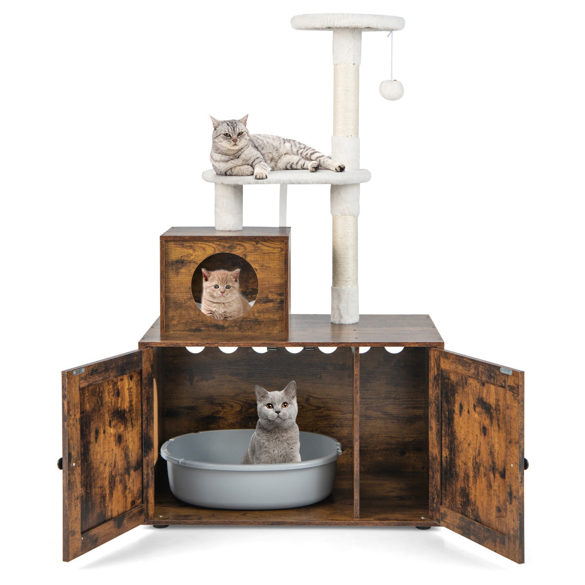 LIVSK Kattenkast met Krabpaal - All-in-1 Kattenmeubel met Privacy - Stabiele Structuur - 77,5 x 49 x 132 cm - Bruin